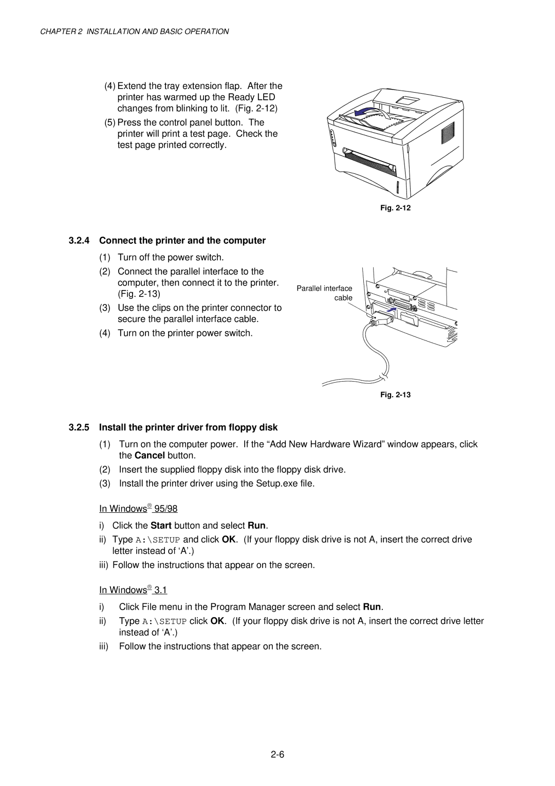 Brother HL-1030, 1240, 1250 service manual Connect the printer and the computer, Install the printer driver from floppy disk 