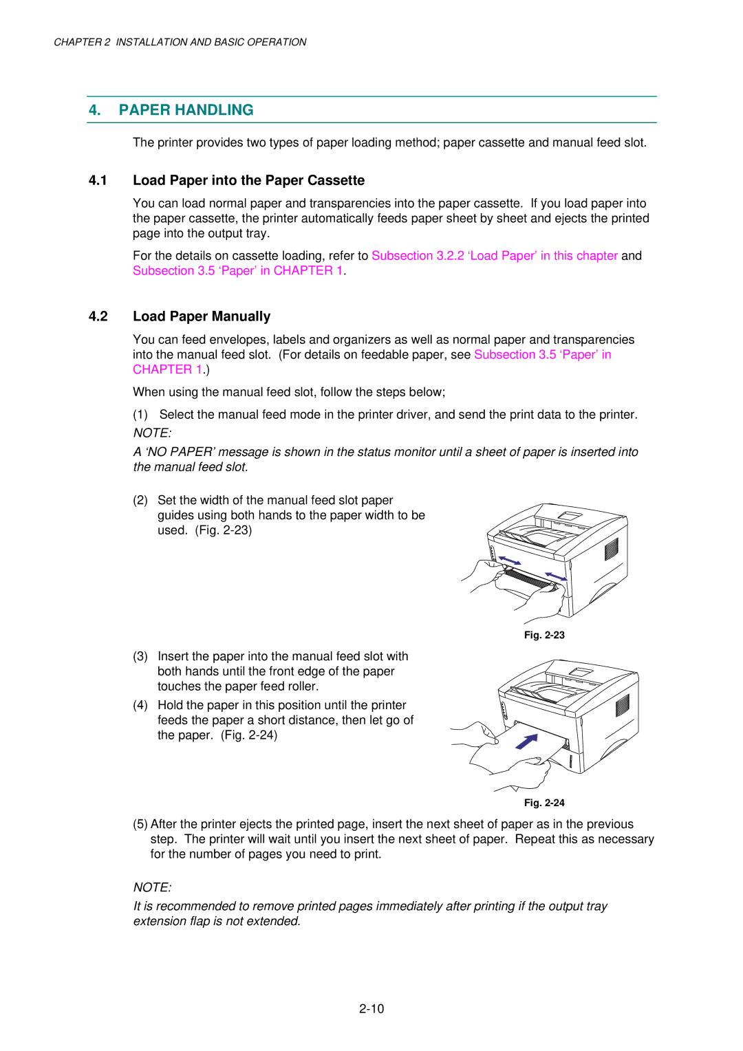 Brother 1240, HL-1030, 1250 service manual Paper Handling, Load Paper into the Paper Cassette, Load Paper Manually 