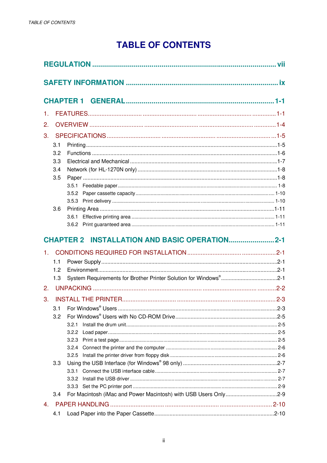 Brother 1240, HL-1030, 1250 service manual Table of Contents 