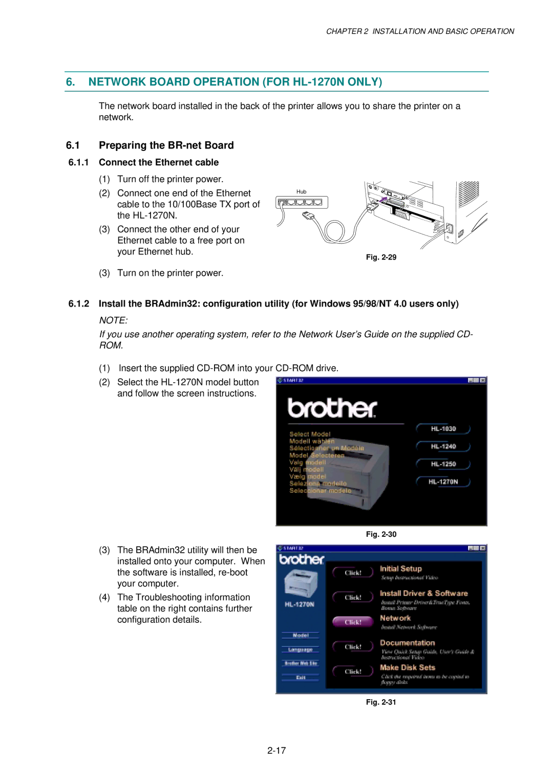 Brother 1250, HL-1030 Network Board Operation for HL-1270N only, Preparing the BR-net Board, Connect the Ethernet cable 