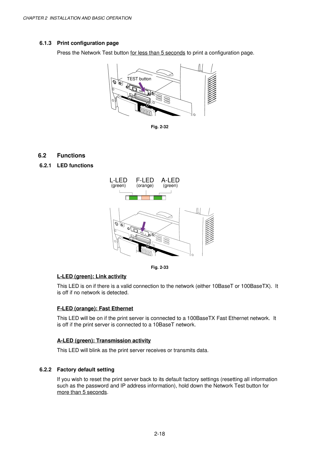 Brother HL-1030, 1240, 1250 Print configuration, LED functions, LED green Link activity, LED orange Fast Ethernet 