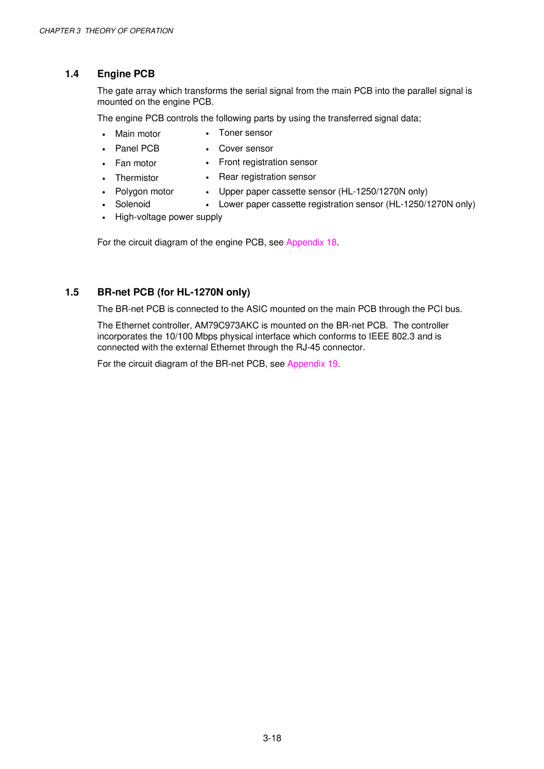Brother HL-1030, 1240, 1250 service manual Engine PCB, BR-net PCB for HL-1270N only 