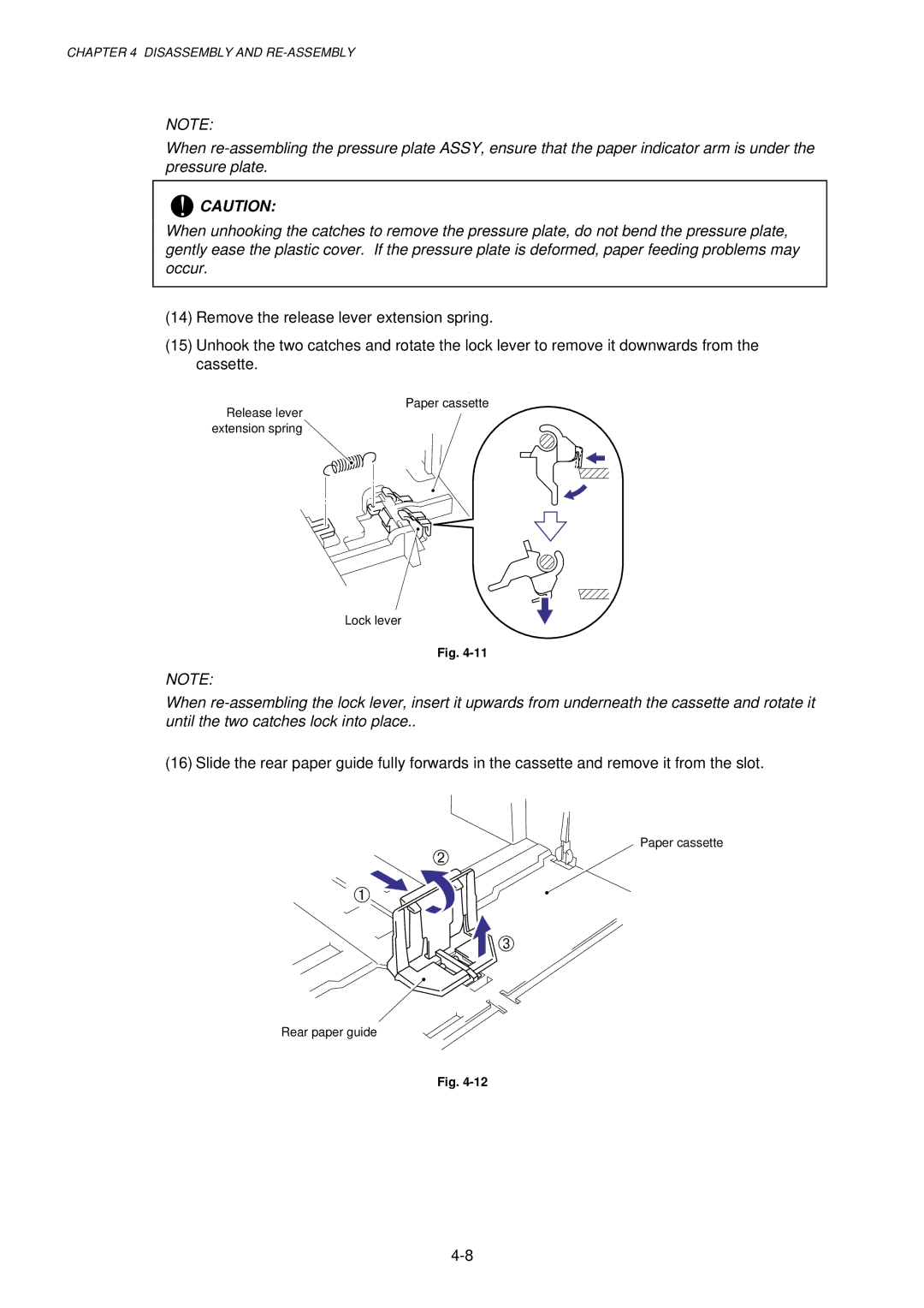 Brother HL-1030, 1240, 1250 service manual Paper cassette Release lever extension spring Lock lever 