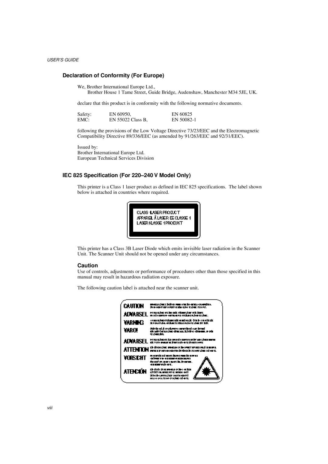 Brother HL-1060 Series manual Declaration of Conformity For Europe, IEC 825 Specification For 220-240 V Model Only 