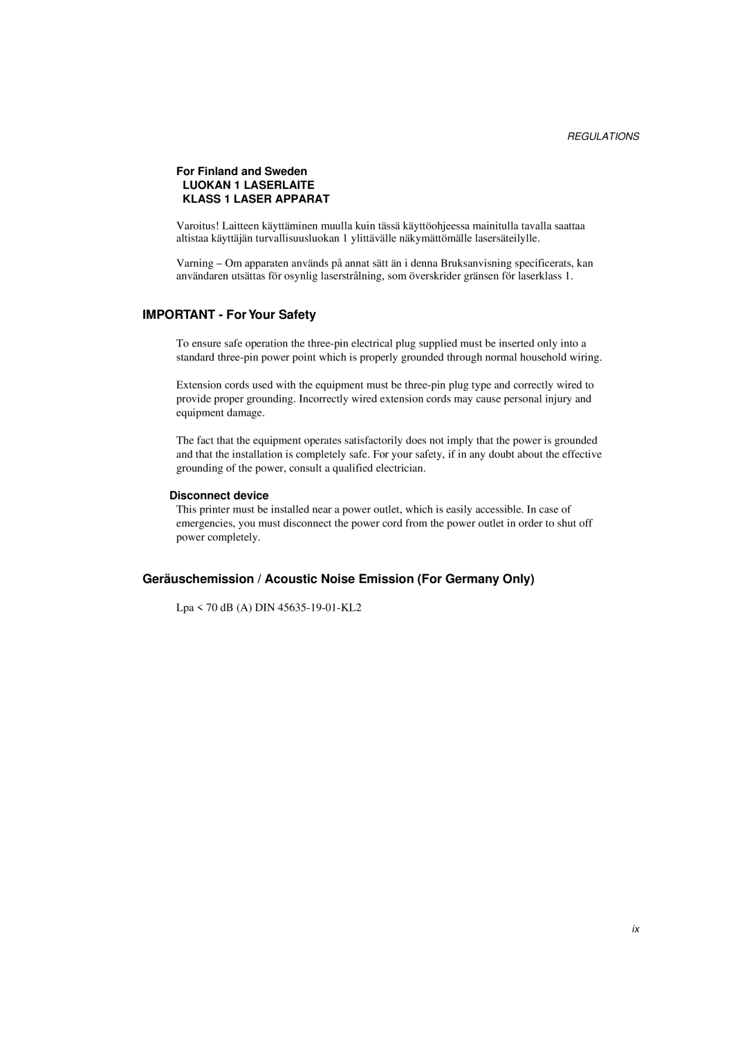 Brother HL-1060 Series manual Important For Your Safety, Geräuschemission / Acoustic Noise Emission For Germany Only 