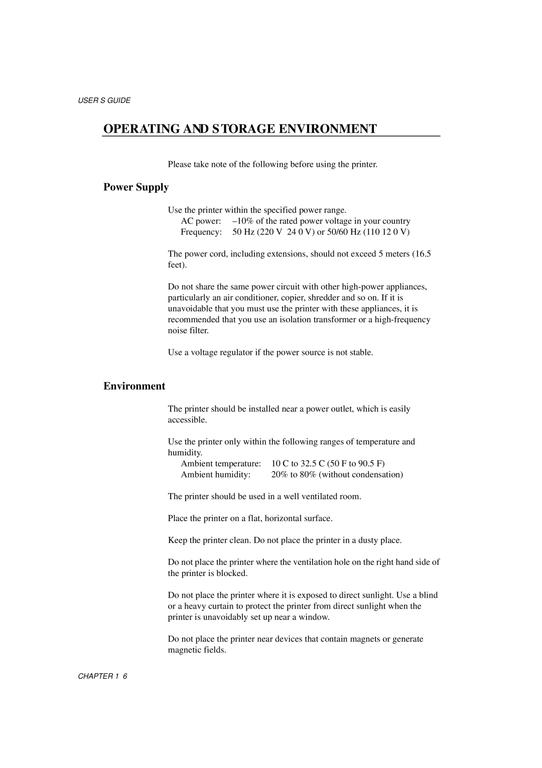 Brother HL-1060 Series manual Operating and Storage Environment, Power Supply 