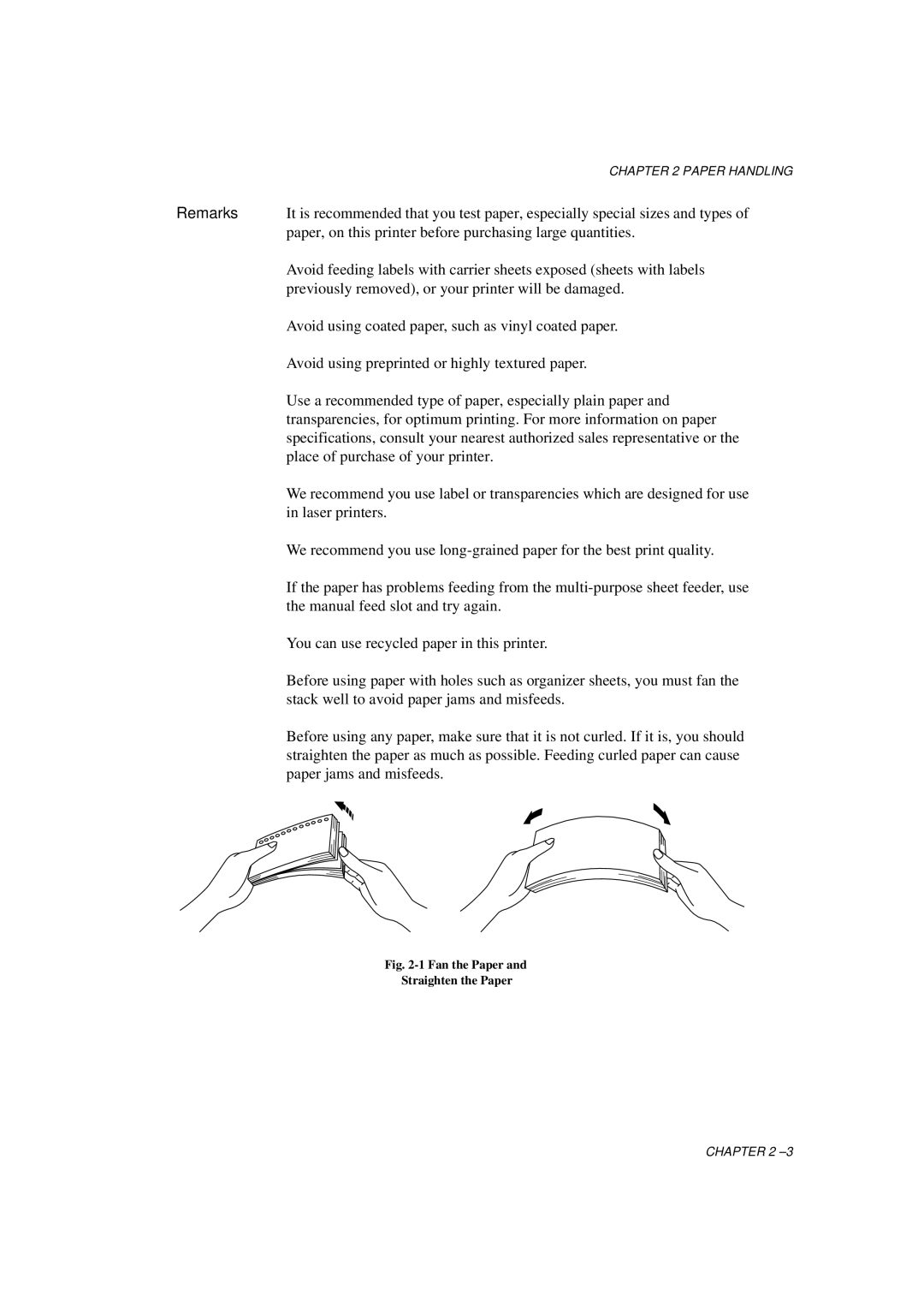 Brother HL-1060 Series manual Remarks, Fan the Paper Straighten the Paper 