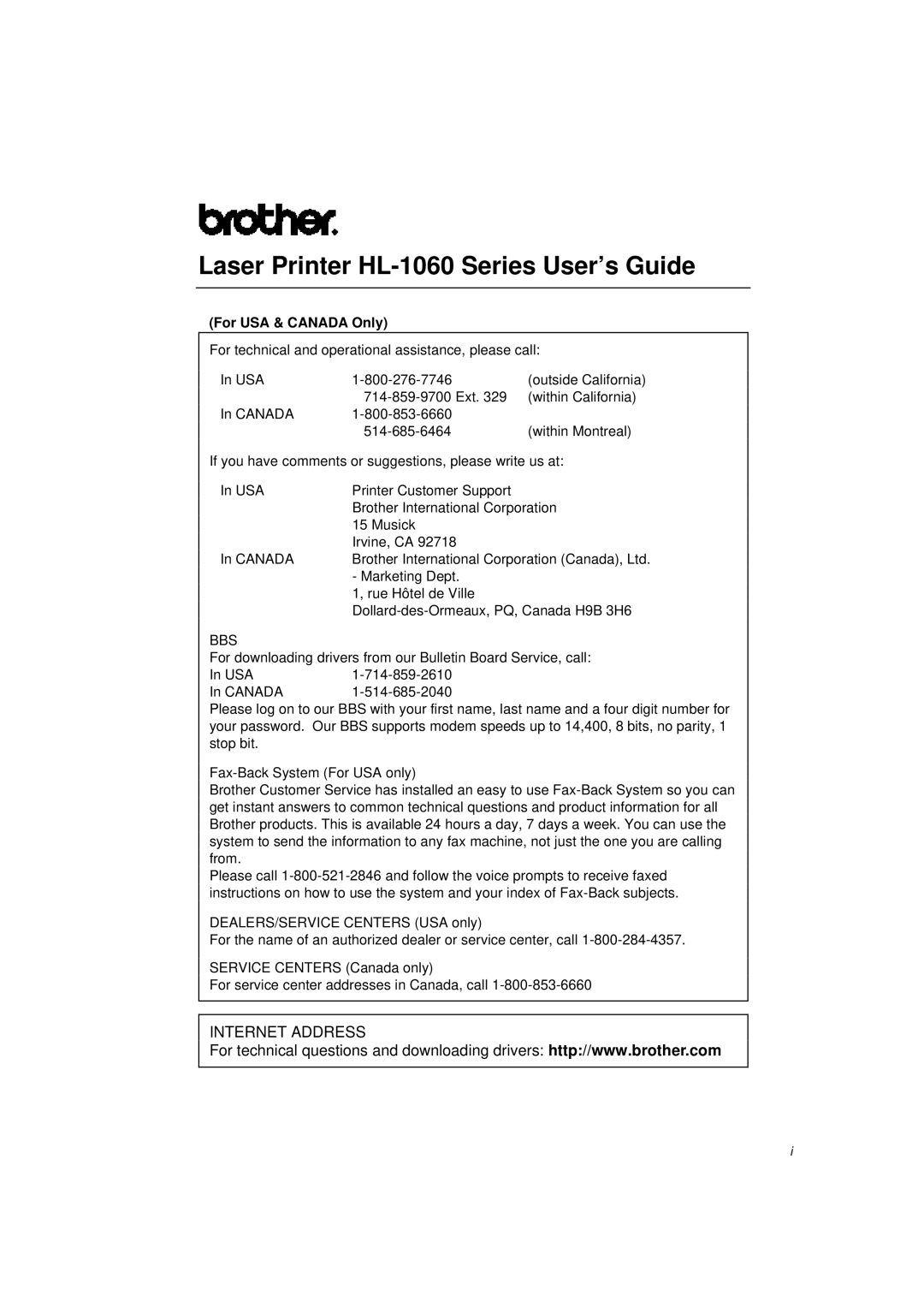 Brother manual Laser Printer HL-1060 Series User’s Guide 