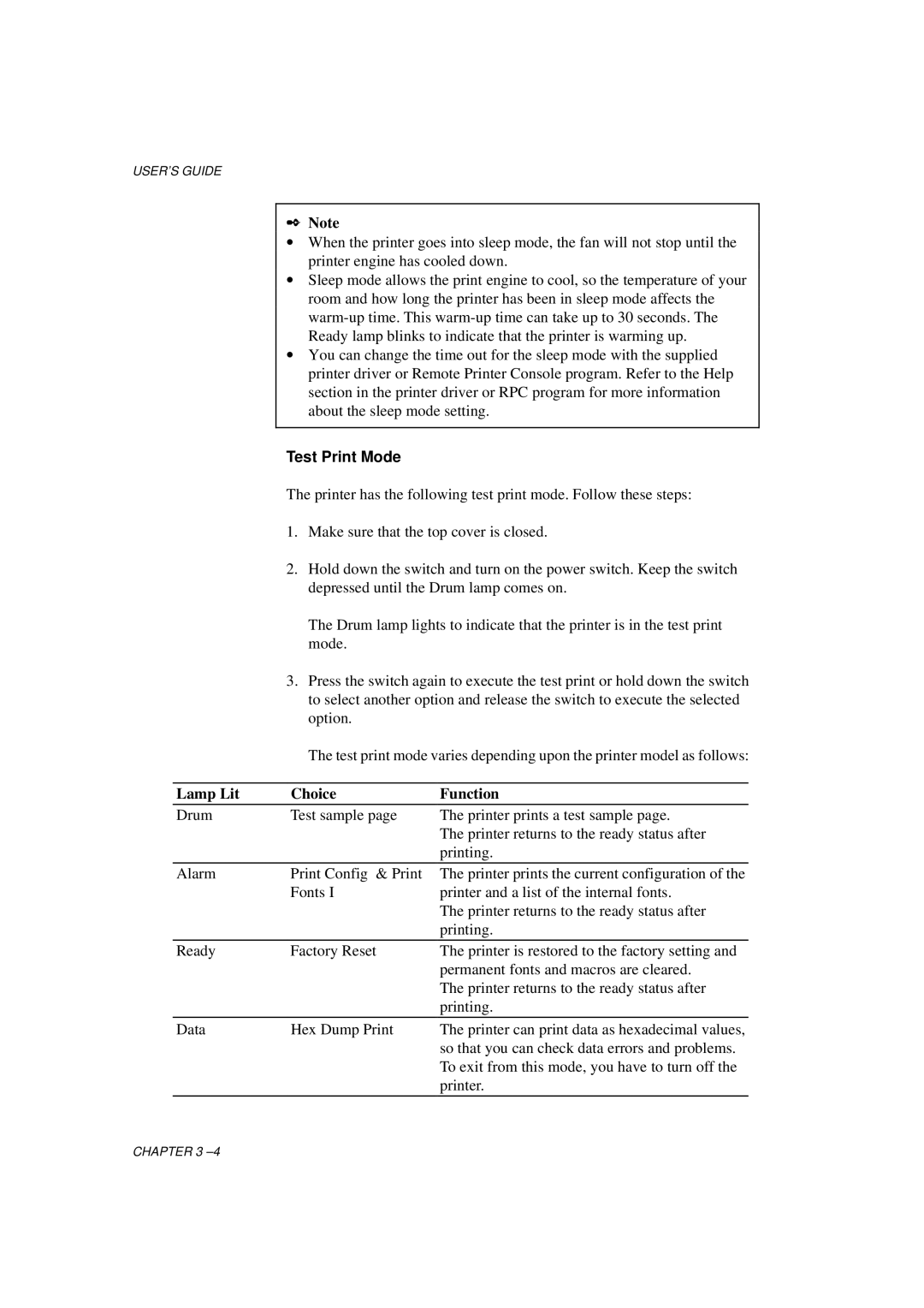 Brother HL-1060 Series manual Test Print Mode, Lamp Lit Choice Function 