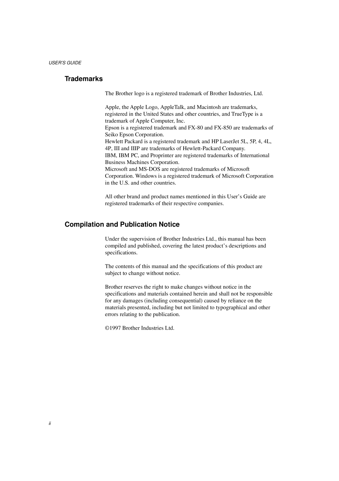 Brother HL-1060 Series manual Trademarks, Compilation and Publication Notice 