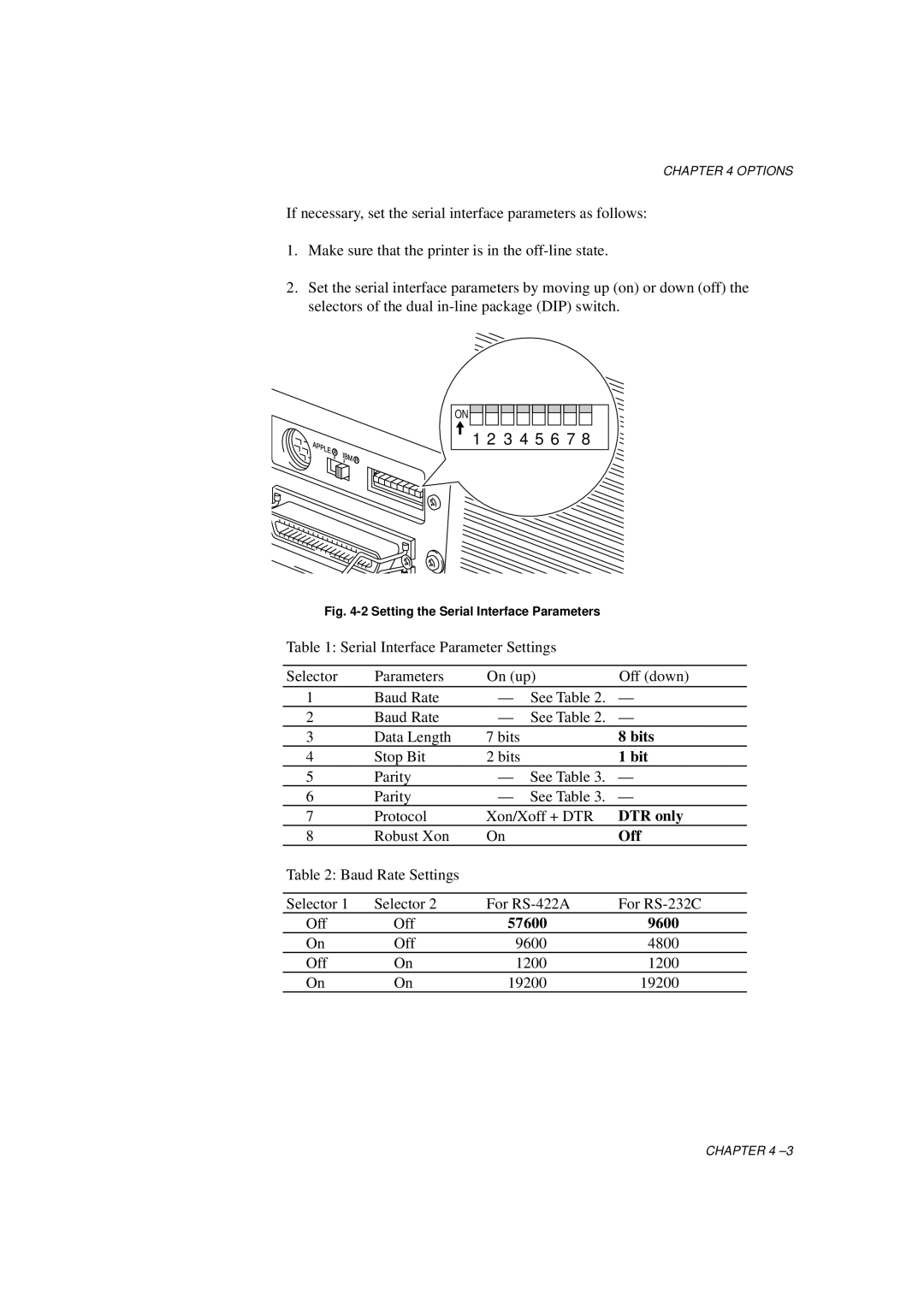 Brother HL-1060 Series manual Bits, DTR only, Off, 57600 9600 