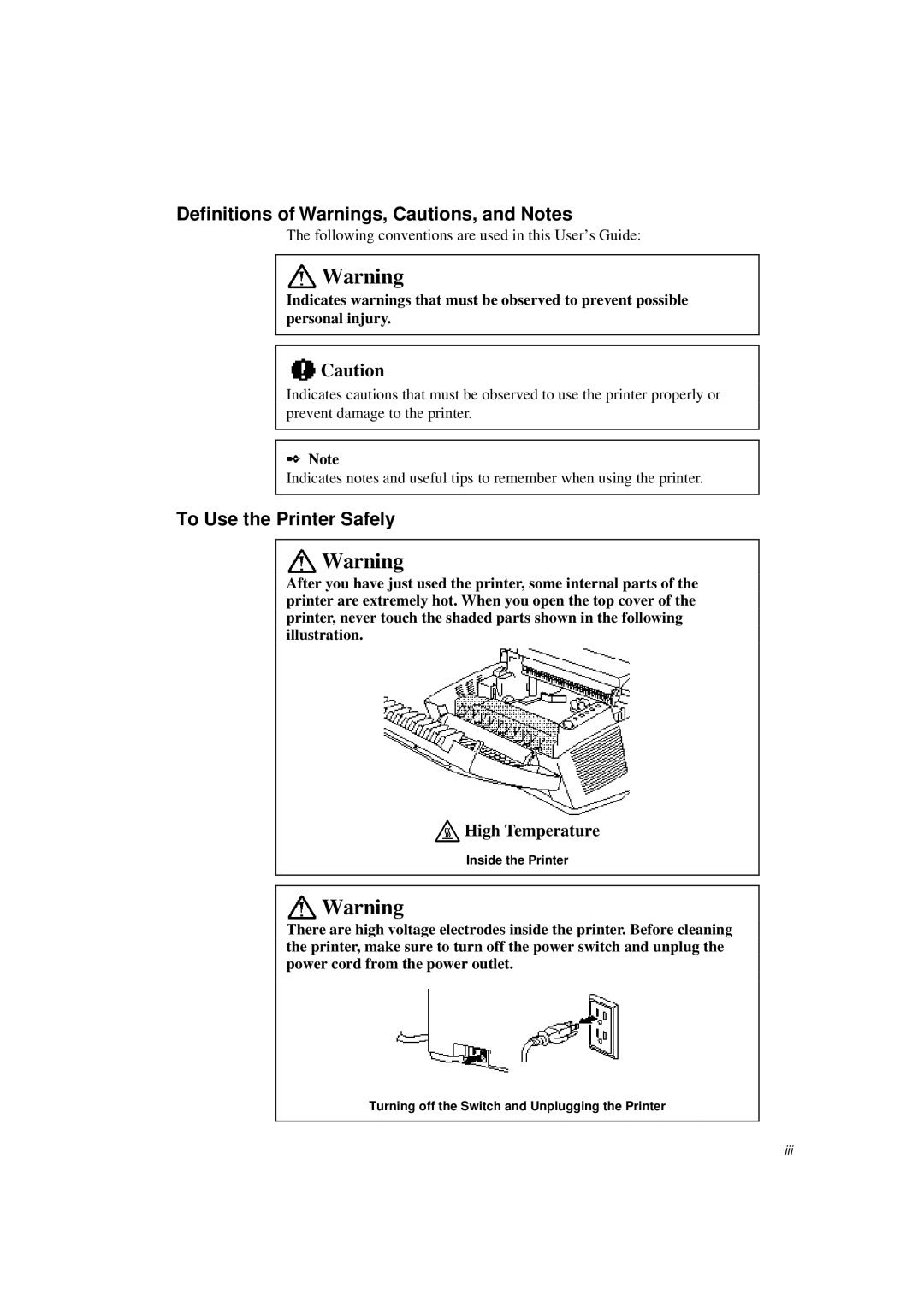 Brother HL-1060 Series manual Definitions of Warnings, Cautions, and Notes, To Use the Printer Safely 