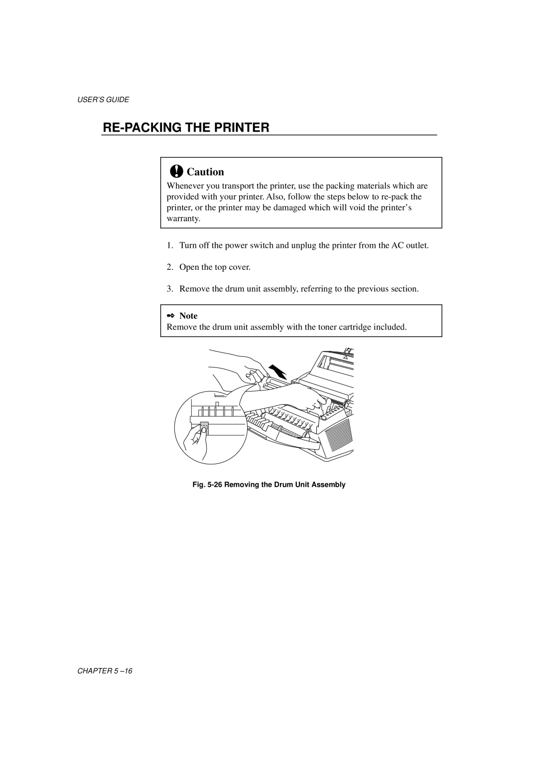 Brother HL-1060 Series manual RE-PACKING the Printer, Removing the Drum Unit Assembly 