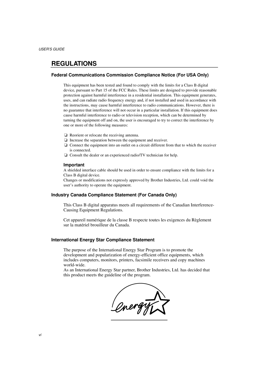 Brother HL-1060 Series manual Regulations, Industry Canada Compliance Statement For Canada Only 