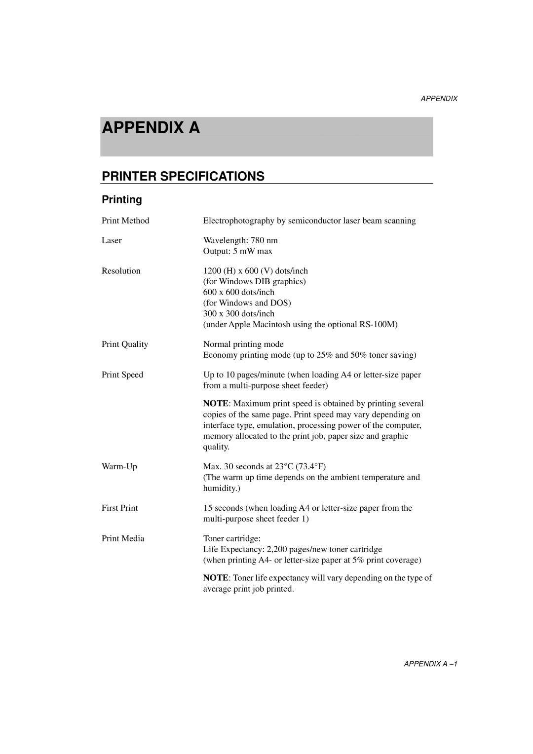 Brother HL-1060 Series manual Appendix a, Printer Specifications 