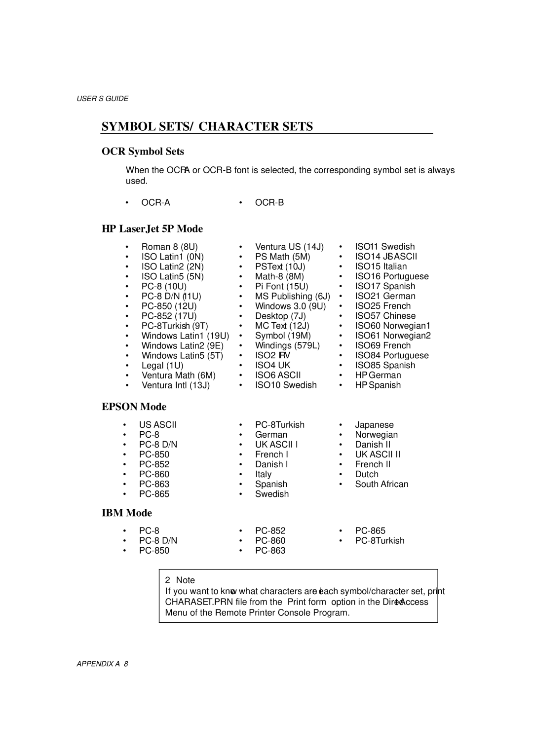 Brother HL-1060 Series manual Symbol SETS/ Character Sets, OCR Symbol Sets, HP LaserJet 5P Mode, Epson Mode, IBM Mode 