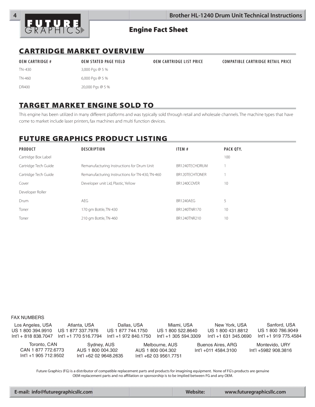 Brother HL-1240 manual Engine Fact Sheet 