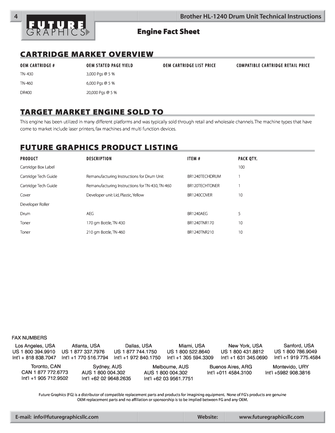 Brother HL-1240 manual Engine Fact Sheet, Cartridge Market Overview, Target Market Engine Sold To 