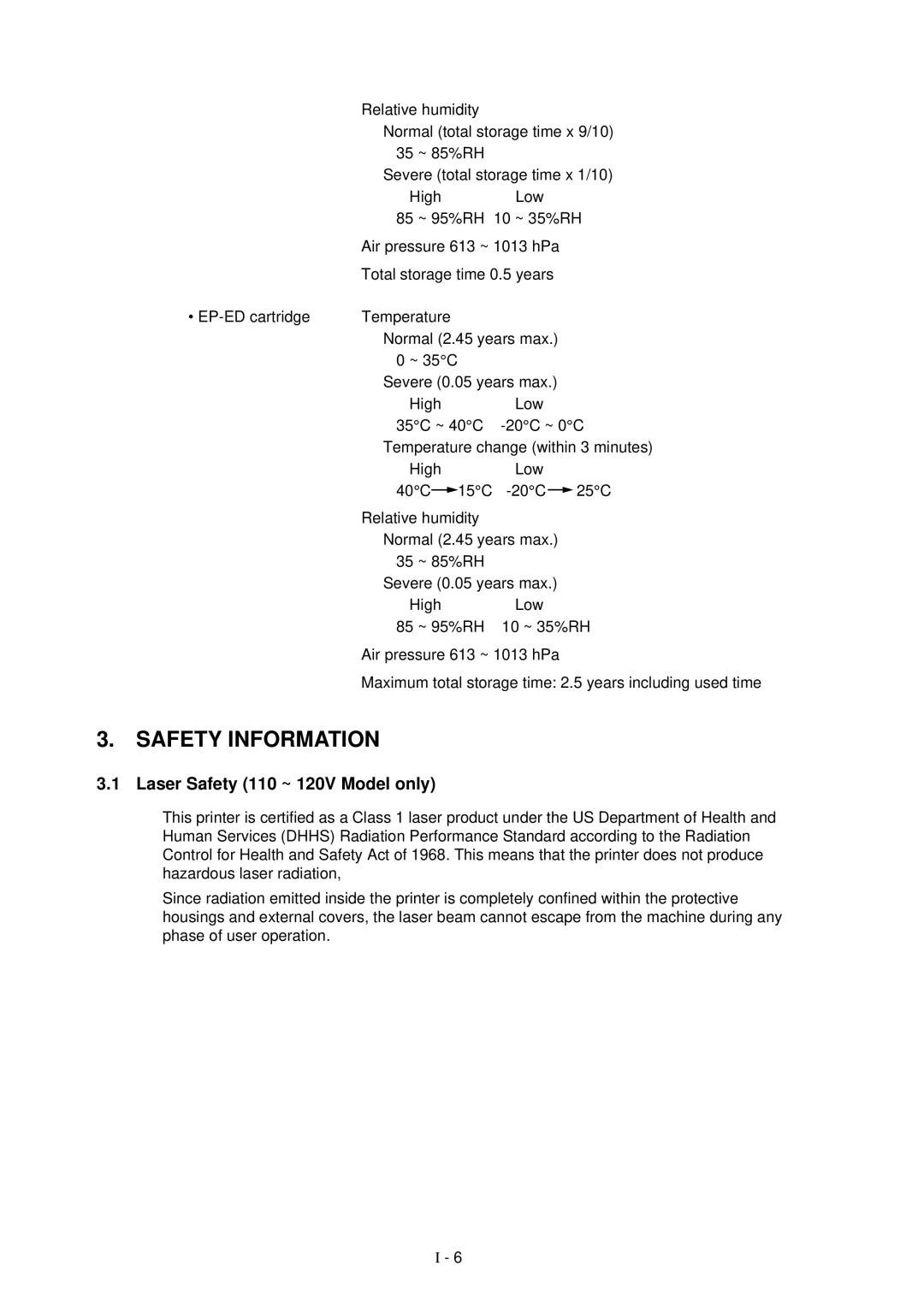 Brother HL-1260 service manual Safety Information, Laser Safety 110 ~ 120V Model only 