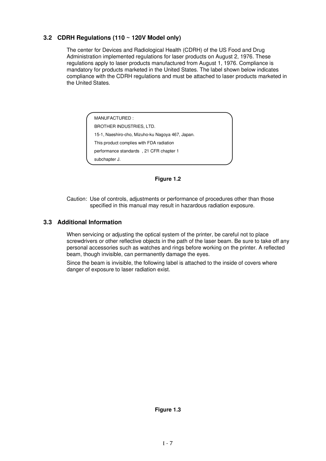 Brother HL-1260 service manual Cdrh Regulations 110 ~ 120V Model only, Additional Information 