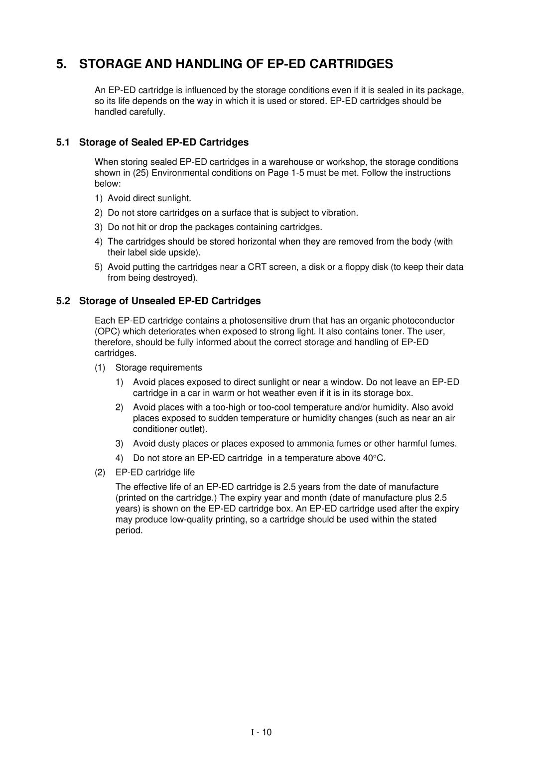 Brother HL-1260 service manual Storage and Handling of EP-ED Cartridges, Storage of Sealed EP-ED Cartridges 