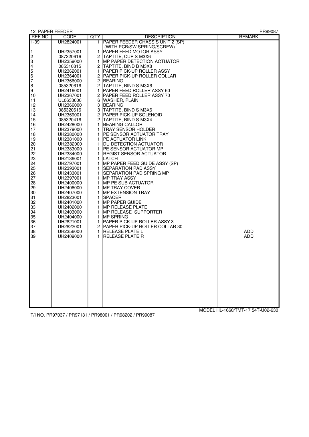 Brother HL-1260 service manual Release Plate L ADD 