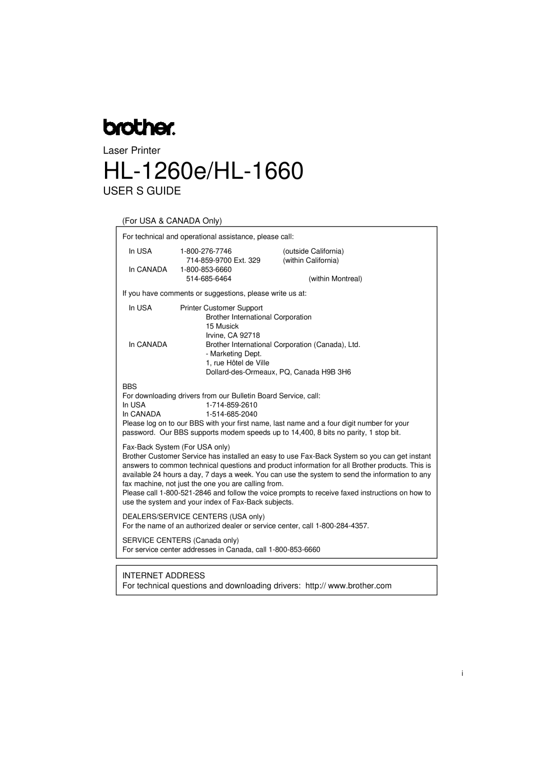 Brother service manual HL-1260e/HL-1660, Laser Printer 