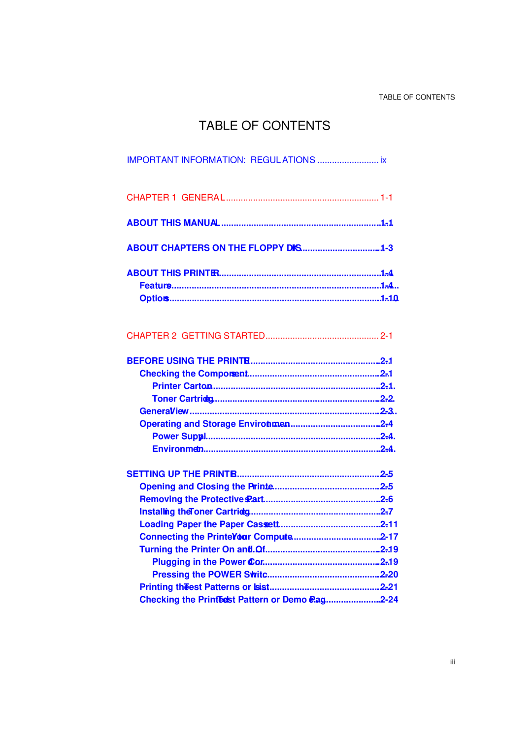 Brother HL-1260 service manual Table of Contents 