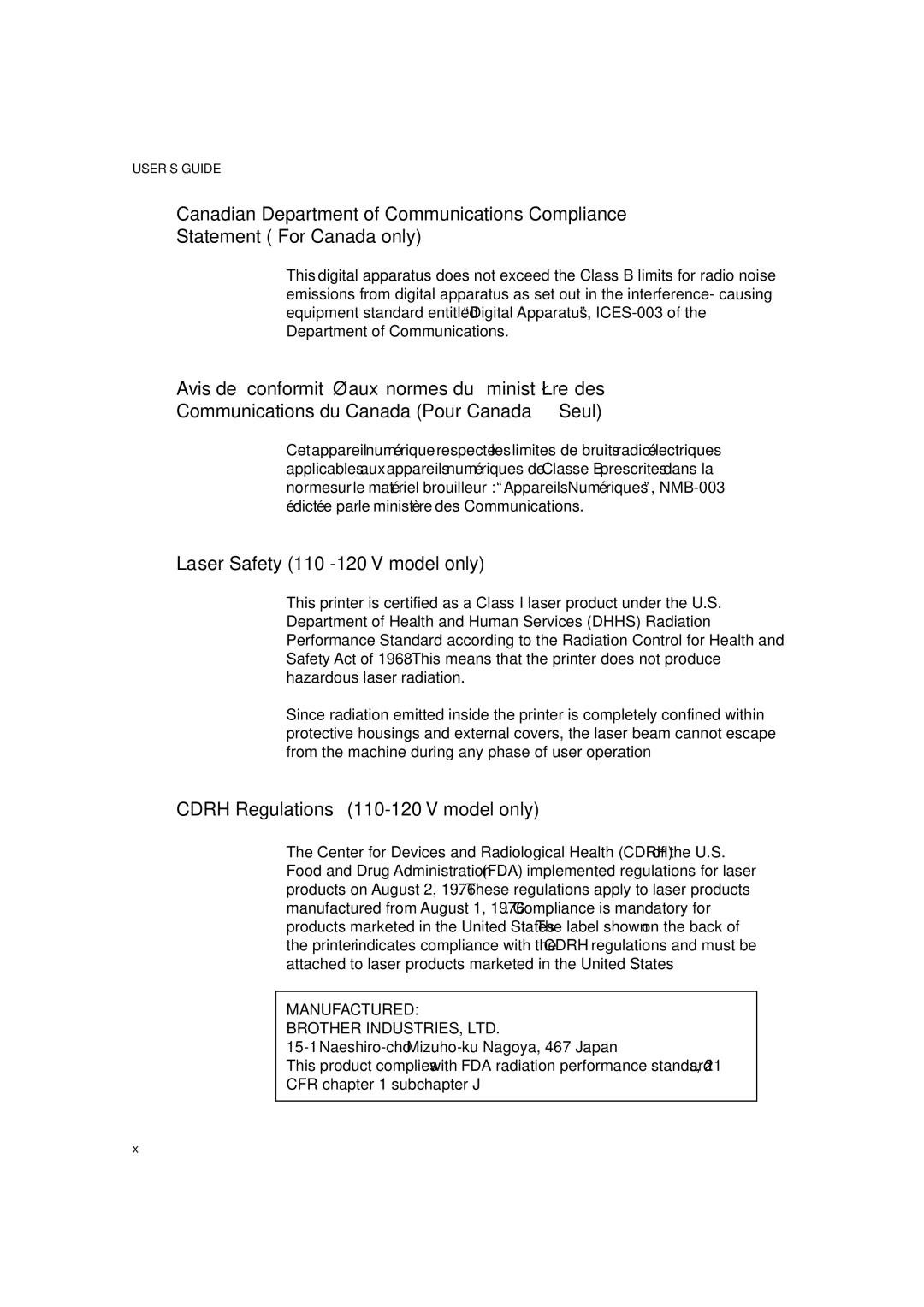 Brother HL-1260 service manual Laser Safety 110-120 V model only, Cdrh Regulations 110-120 V model only 