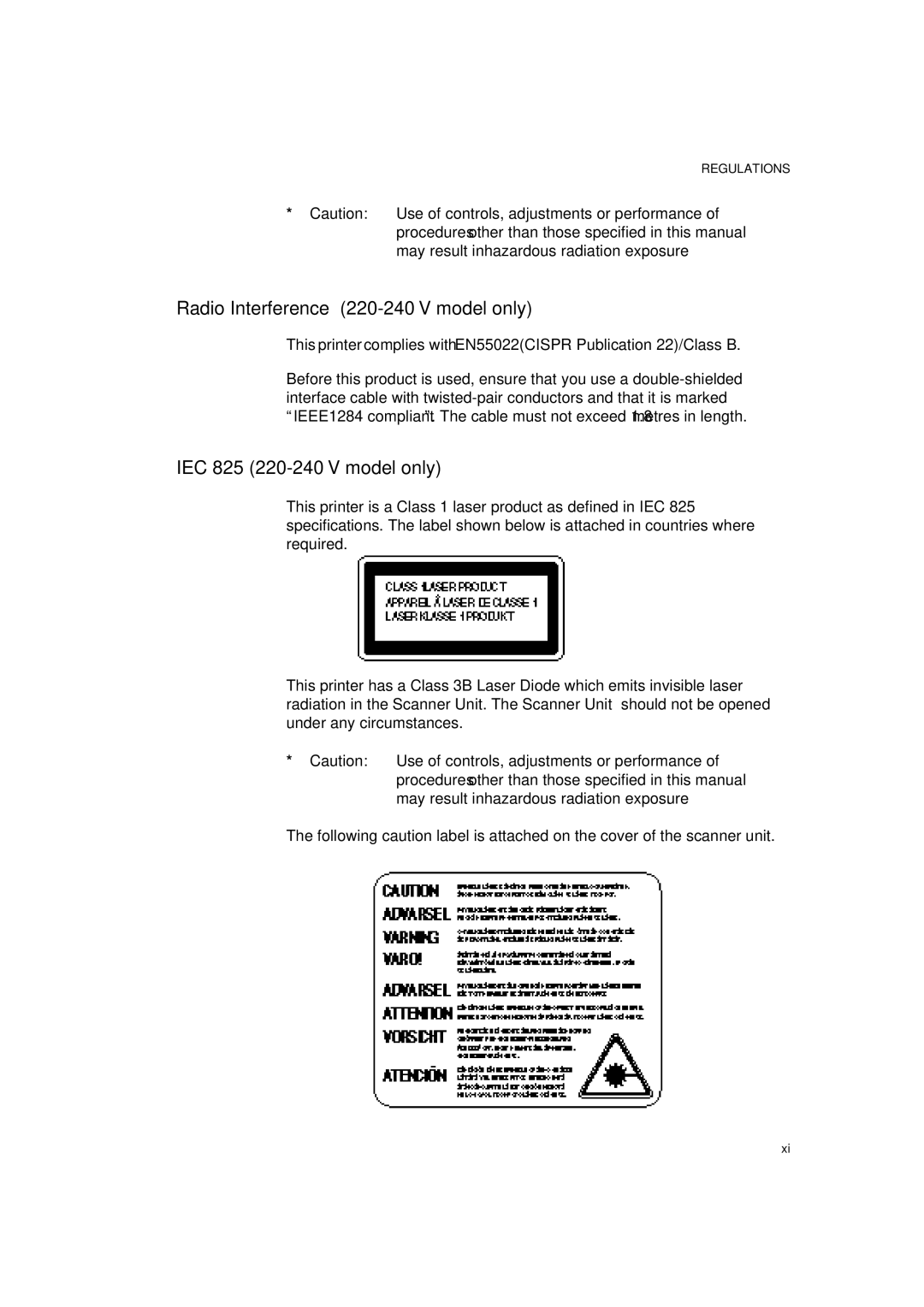 Brother HL-1260 service manual Radio Interference220-240 V model only, IEC 825 220-240 V model only 