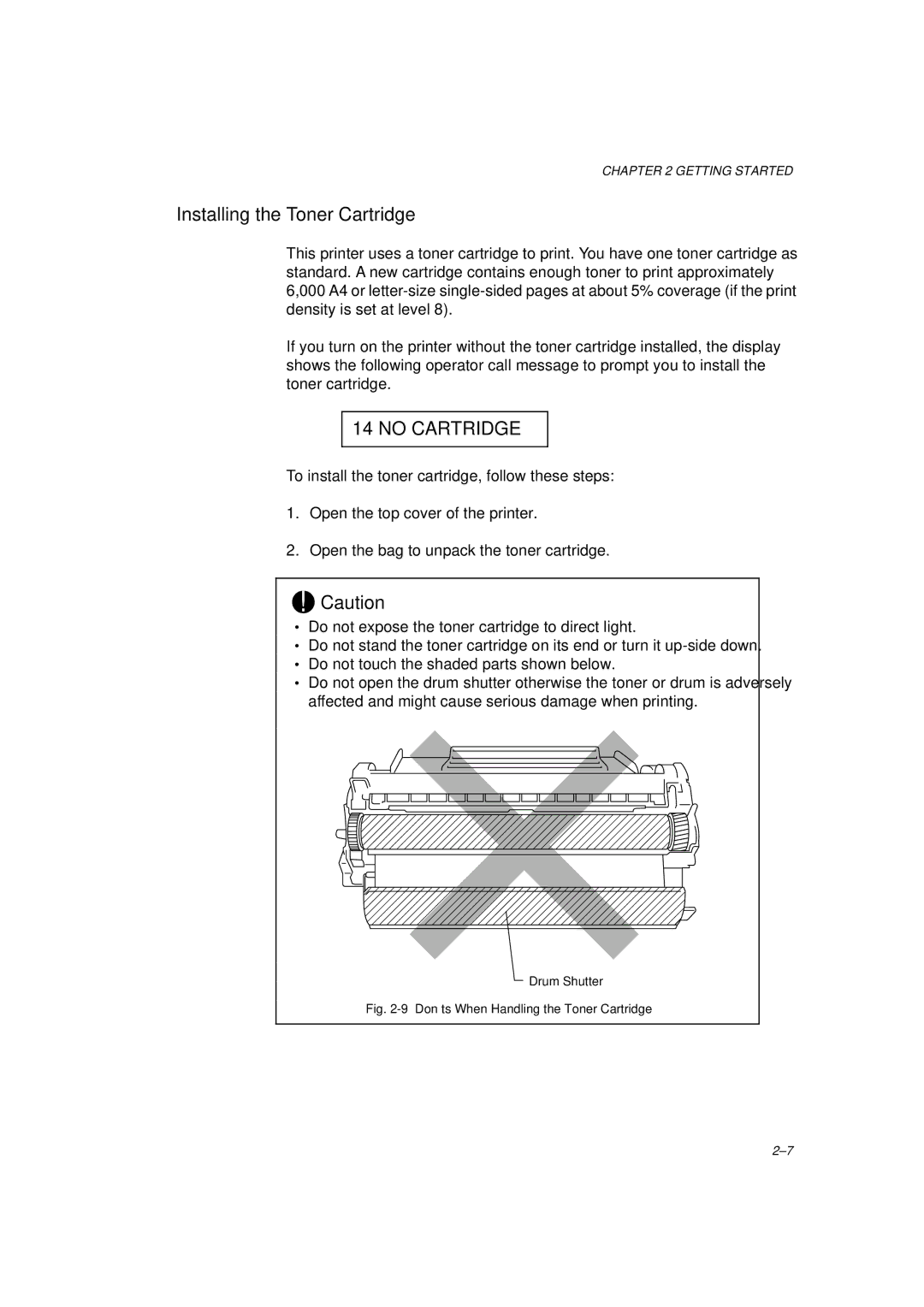 Brother HL-1260 service manual Installing the Toner Cartridge, No Cartridge 