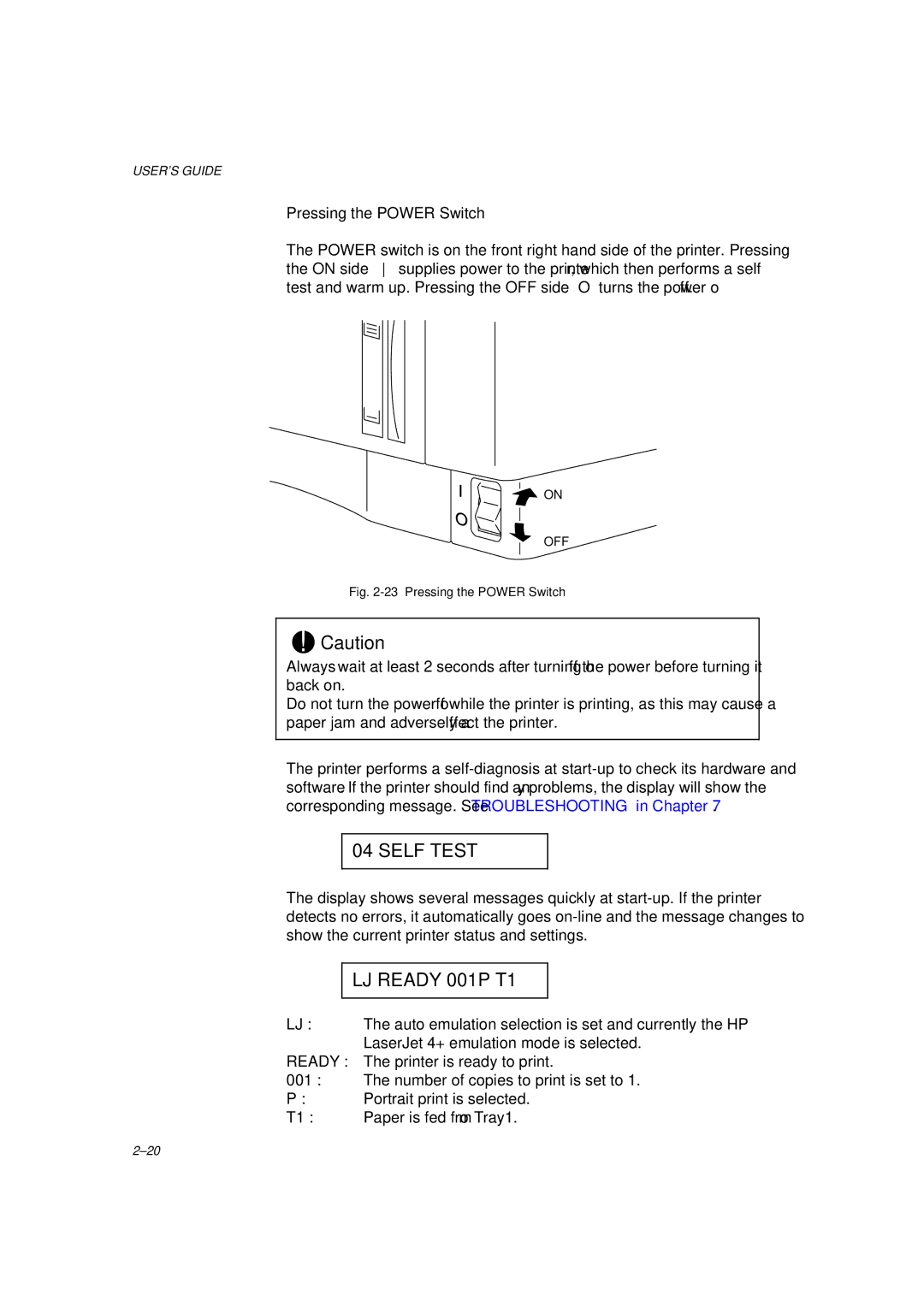 Brother HL-1260 service manual Self Test, LJ Ready 001P T1, Pressing the Power Switch 