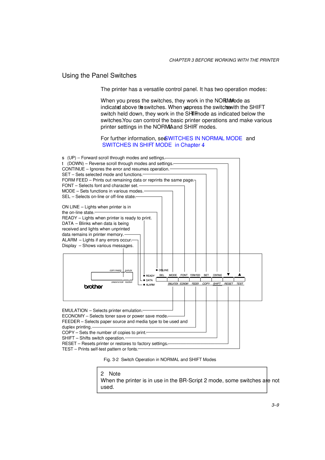 Brother HL-1260 service manual Using the Panel Switches, Switch Operation in Normal and Shift Modes 