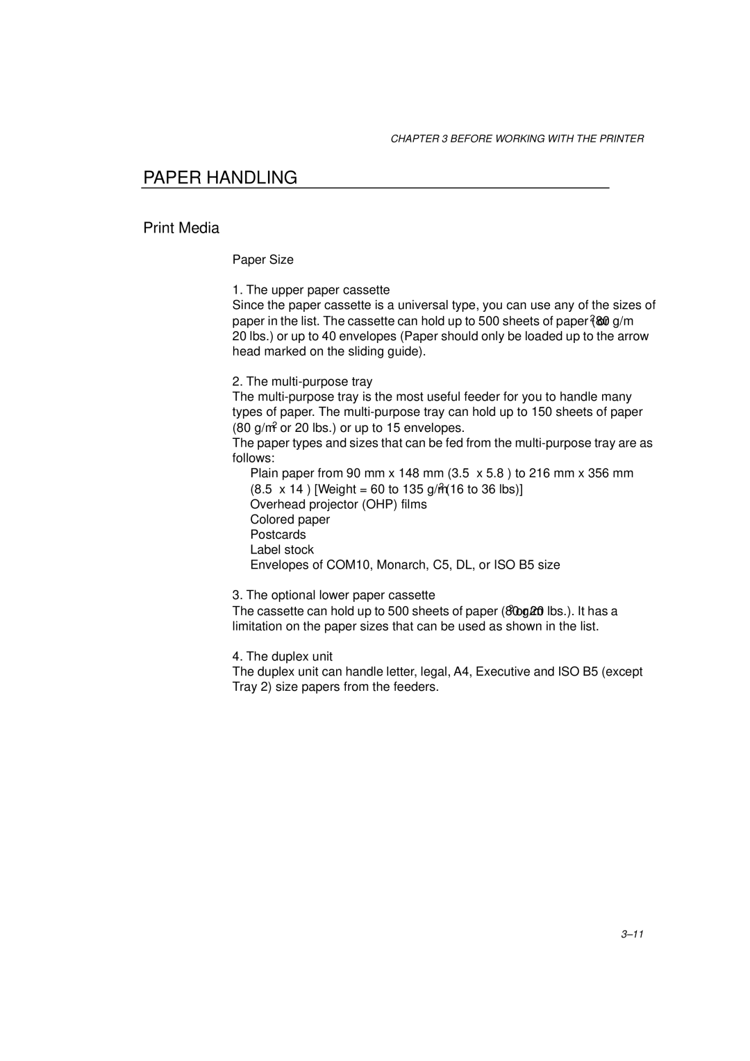 Brother HL-1260 service manual Paper Handling, Print Media, Paper Size 