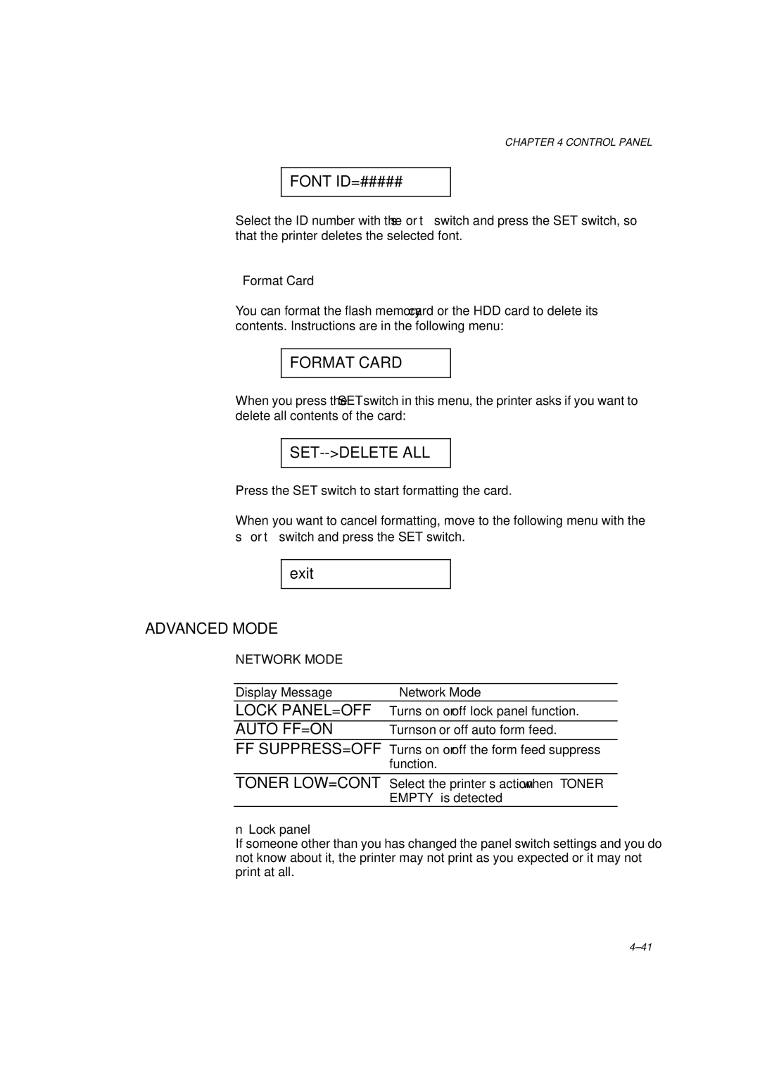 Brother HL-1260 service manual Set--Delete All, Lock PANEL=OFF, Auto FF=ON, Ff Suppress=Off, Toner LOW=CONT 