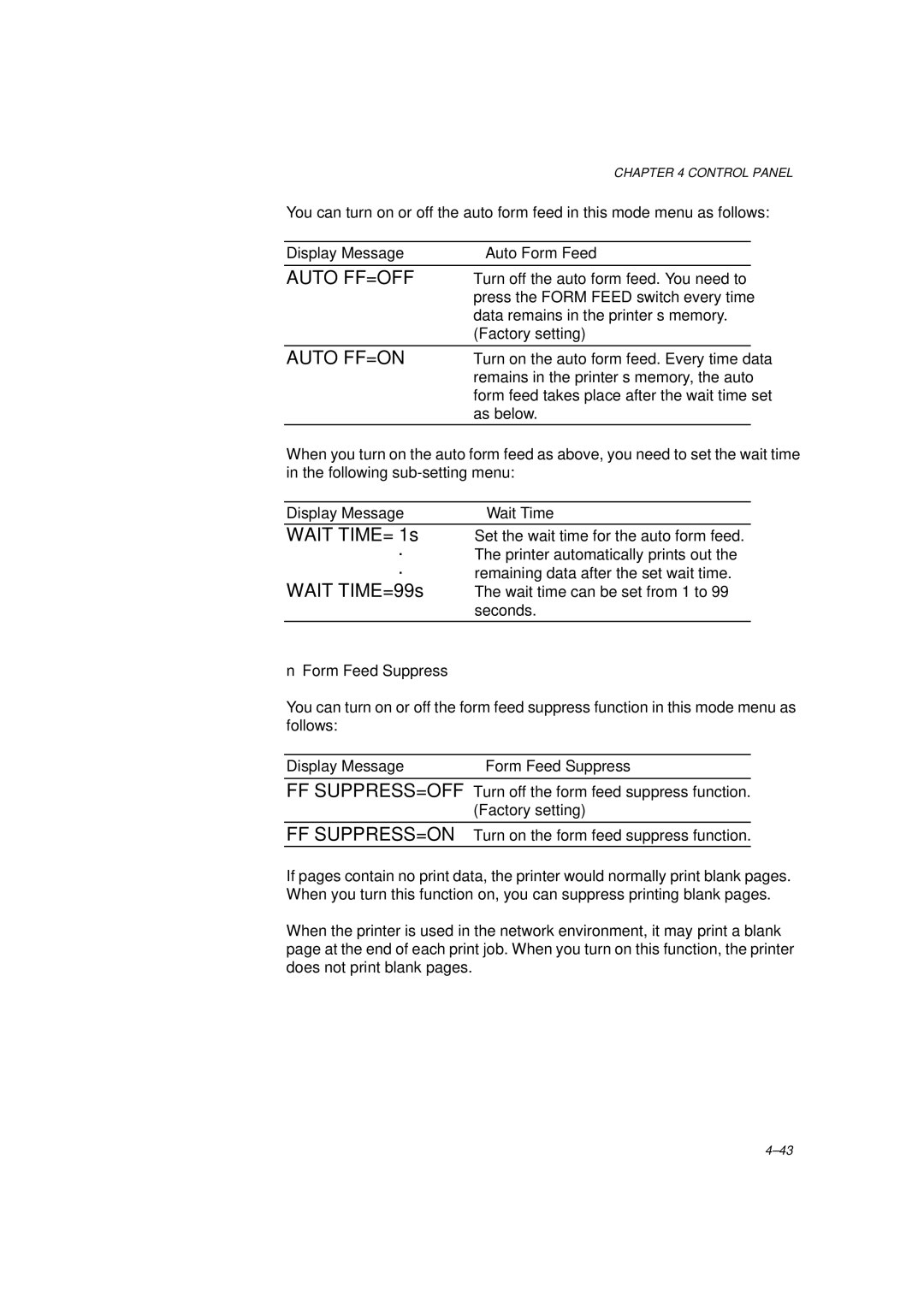 Brother HL-1260 service manual Auto FF=OFF, Wait TIME= 1s 