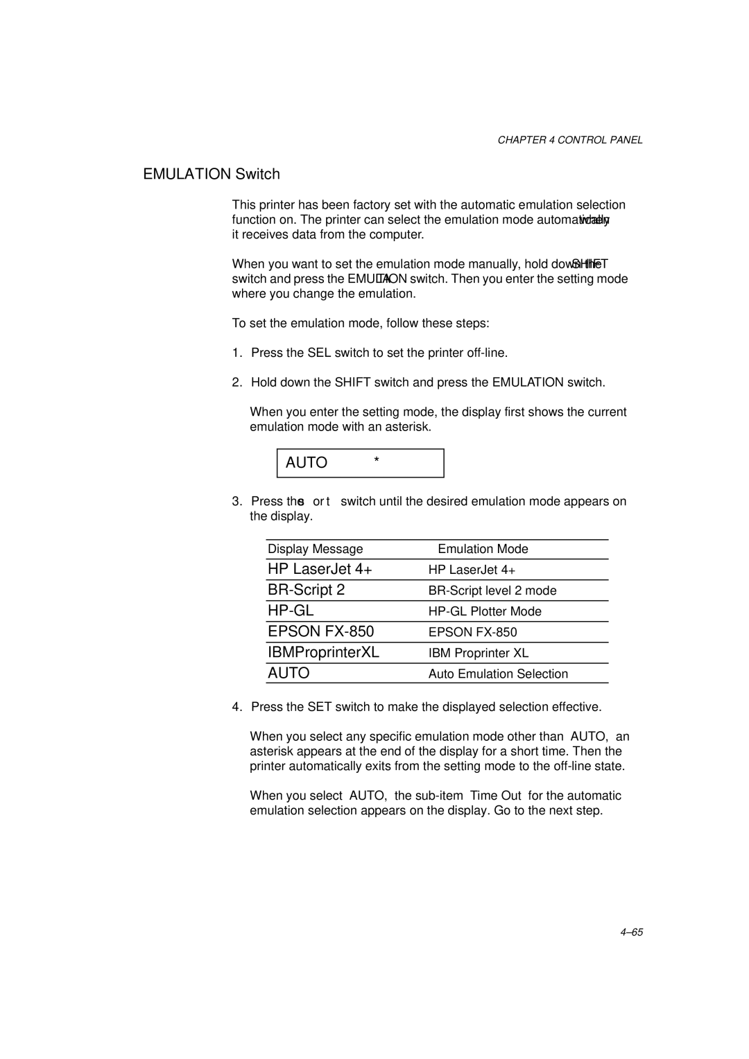 Brother HL-1260 service manual Emulation Switch, Auto, Hp-Gl, Epson FX-850 