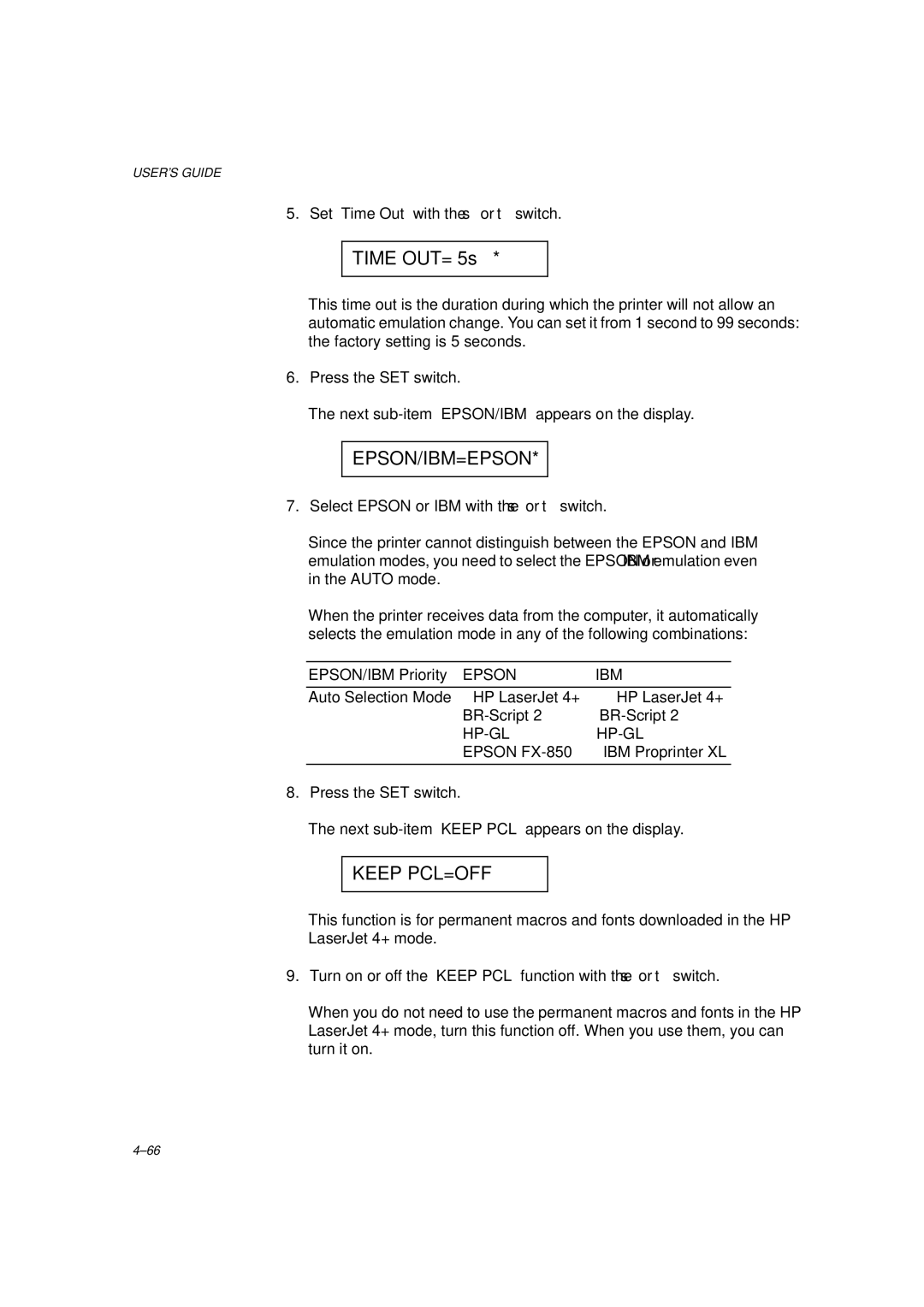 Brother HL-1260 service manual Epson/Ibm=Epson, Keep PCL=OFF 