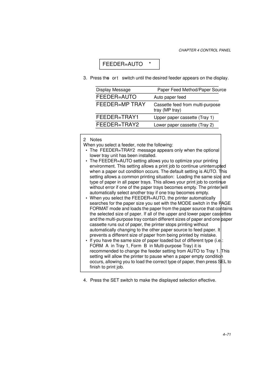 Brother HL-1260 service manual FEEDER=MP Tray, FEEDER=TRAY1, FEEDER=TRAY2 