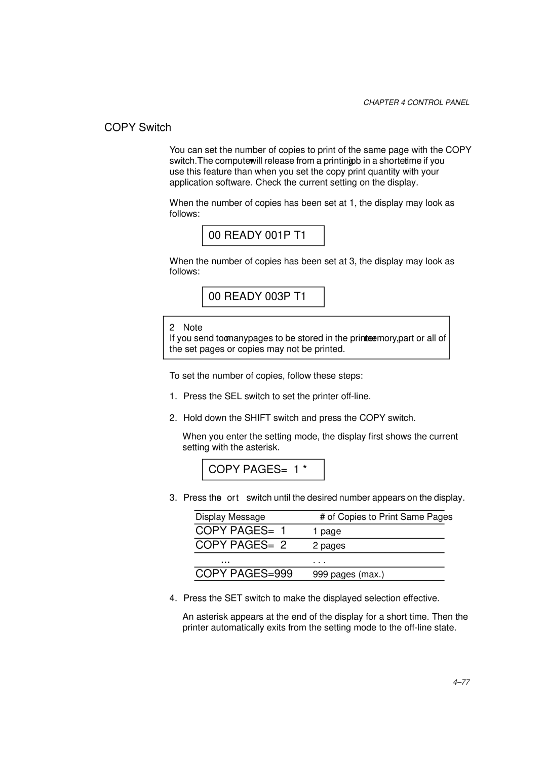 Brother HL-1260 service manual Copy Switch, Copy PAGES= 