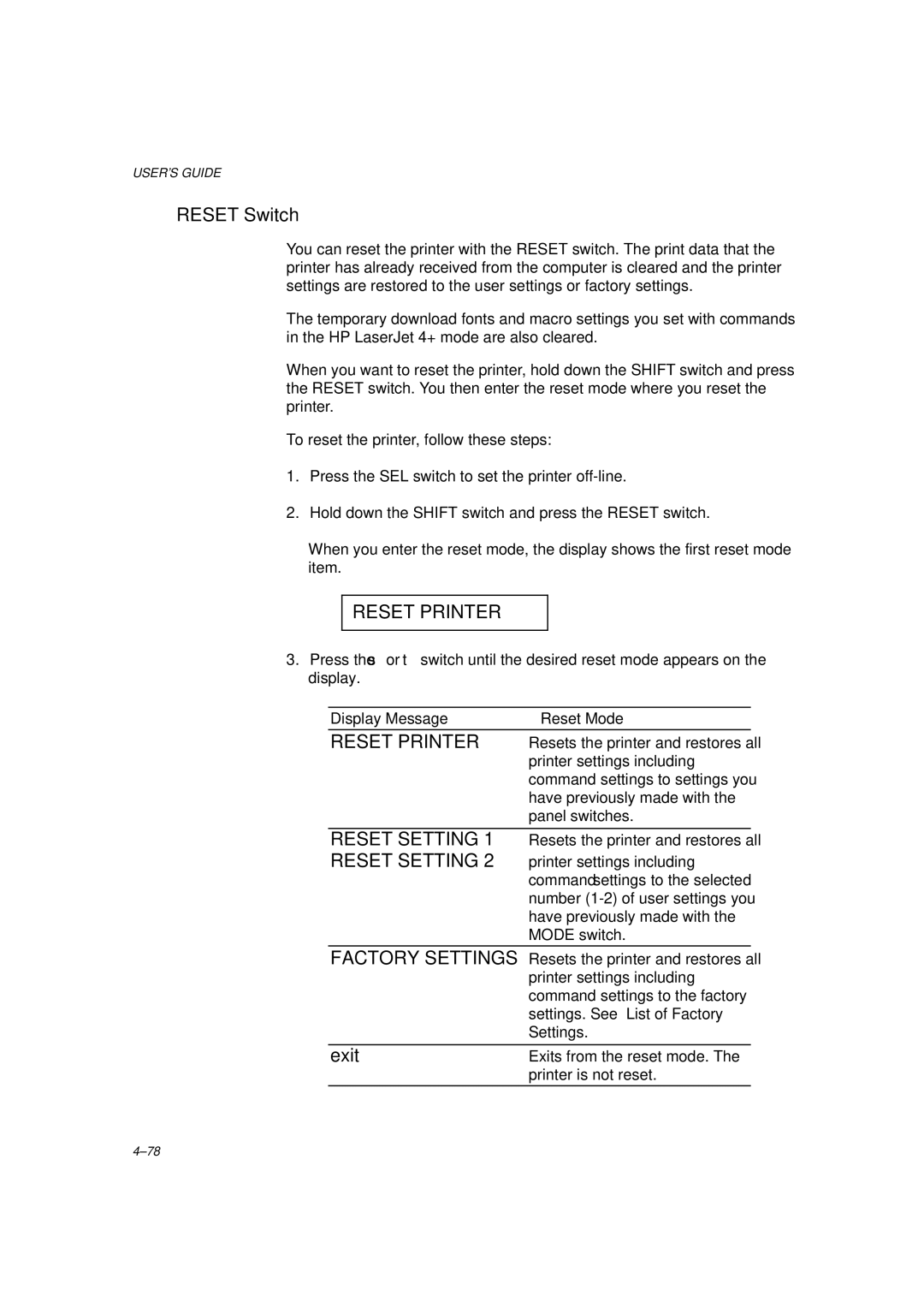 Brother HL-1260 service manual Reset Switch, Reset Printer, Reset Setting, Factory Settings 