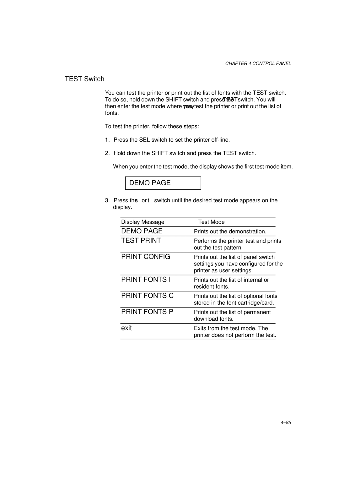 Brother HL-1260 service manual Test Switch, Demo 