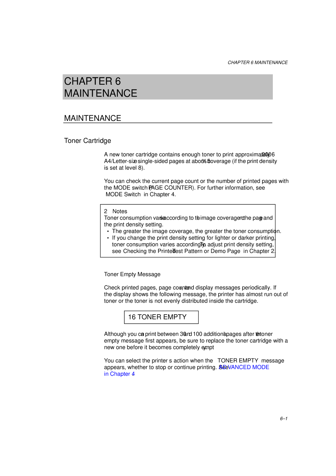 Brother HL-1260 service manual Maintenance, Toner Cartridge, Toner Empty Message 