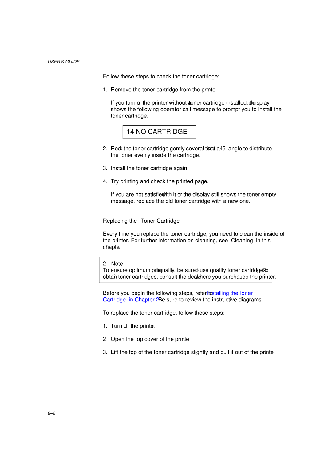 Brother HL-1260 service manual No Cartridge, Replacing the Toner Cartridge 