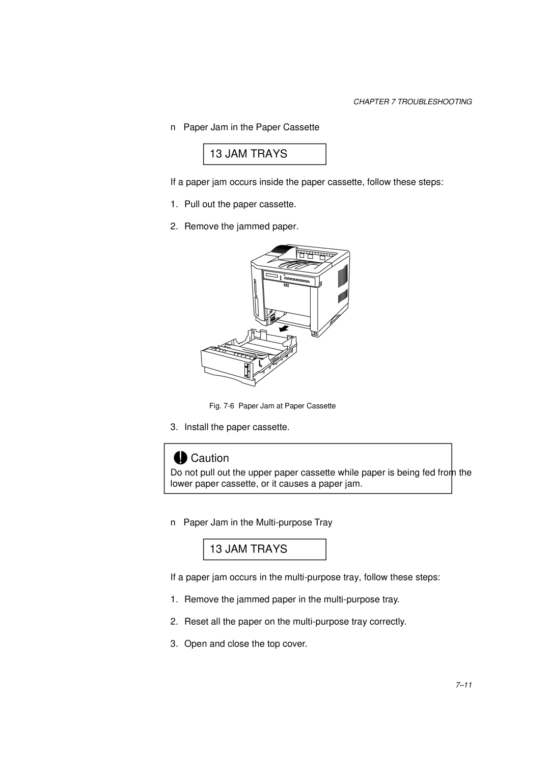 Brother HL-1260 service manual JAM Trays, Paper Jam at Paper Cassette 