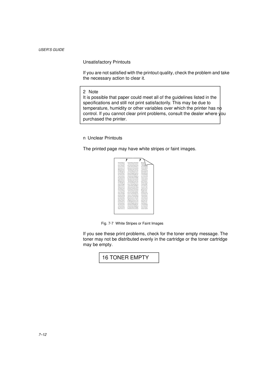 Brother HL-1260 service manual Unsatisfactory Printouts, White Stripes or Faint Images 