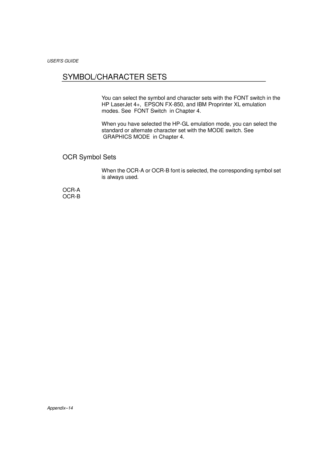 Brother HL-1260 service manual SYMBOL/CHARACTER Sets, OCR Symbol Sets 