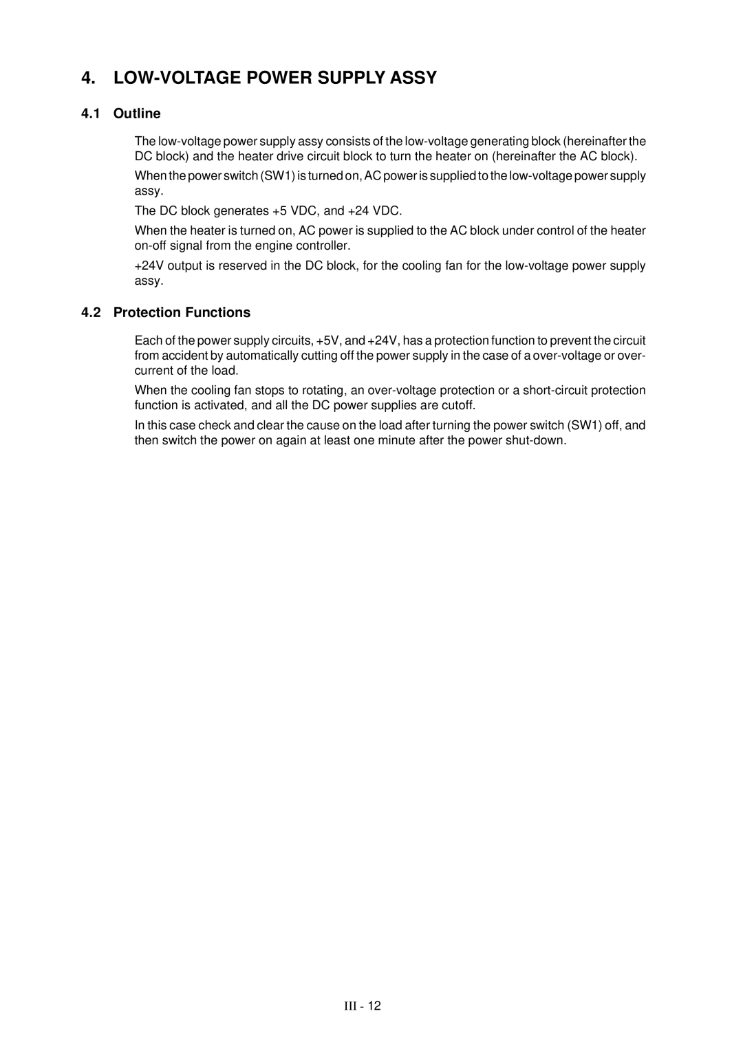 Brother HL-1260 service manual LOW-VOLTAGE Power Supply Assy, Protection Functions 