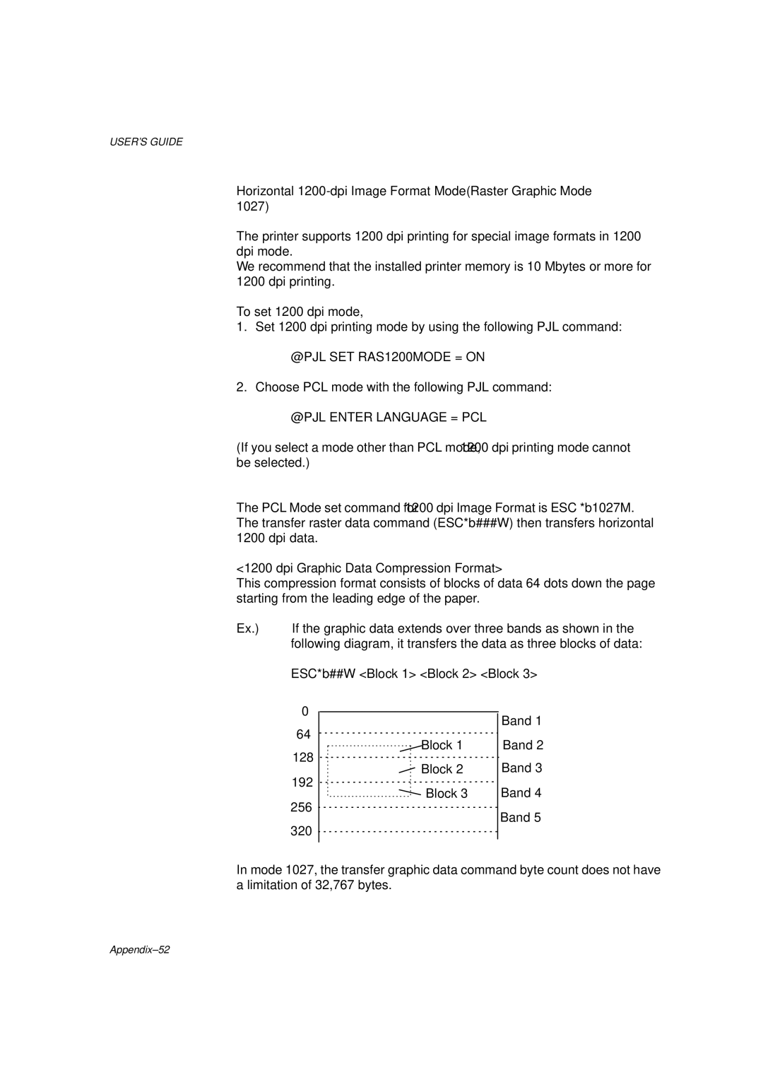 Brother HL-1260 service manual Horizontal 1200-dpi Image Format ModeRaster Graphic Mode, @PJL Enter Language = PCL 