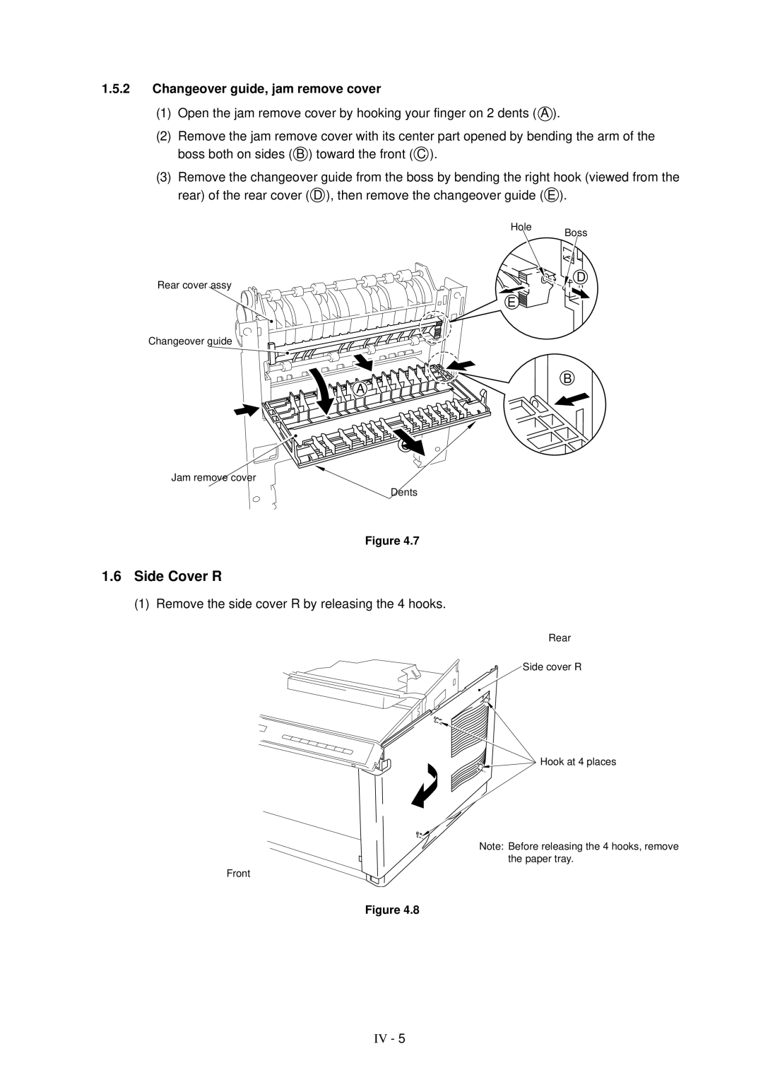 Brother HL-1260 Side Cover R, Changeover guide, jam remove cover, Remove the side cover R by releasing the 4 hooks 